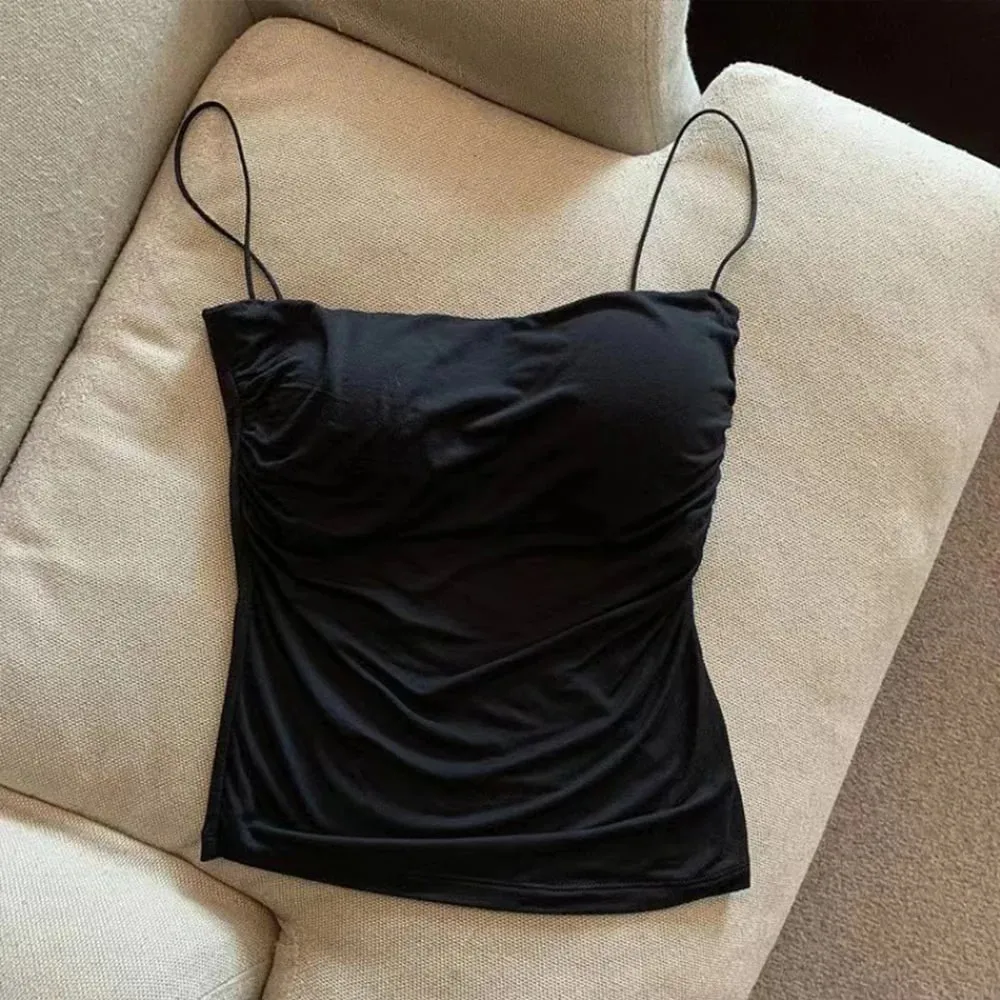 Summer Korean Women Spaghetti Strap Crop Top With Bra Bodycon Sleeveless Cami Tube Top Basic Camisoles Y2K Sexy Tank Tops