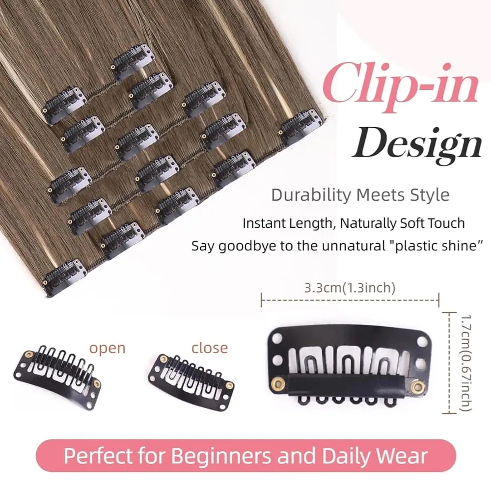 24 Inches Long Synthetic Hairpieces for Women 6Pcs Medium Brown Blonde Highlights Clip In Natural Thick DIY Styling Fiber Hair