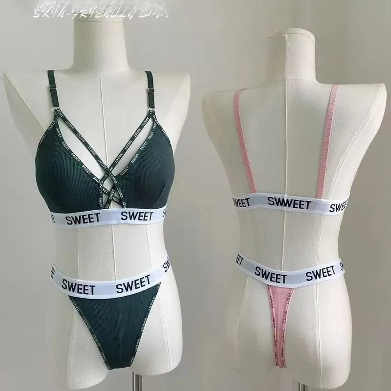 Women Padded Bra And Panties Set Front Cross Wireless Bra Low Rise G-string Female Letter Strap Underwear Sexy Lingerie Set