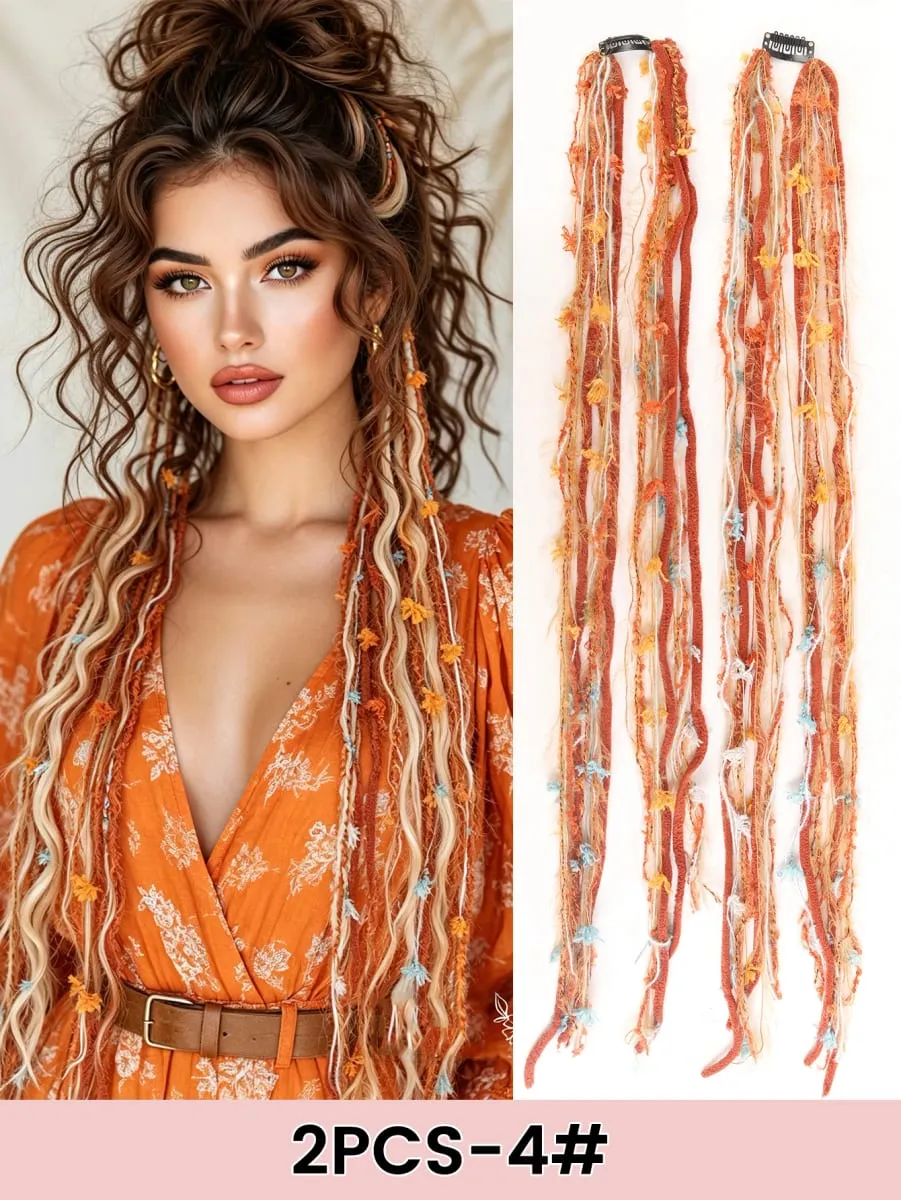 2PCS Colorful Rope Braided Hair Clip In Extensions Black Hair Dreadlock Hair Pieces Bohemian Hair Accessories For Women Daily