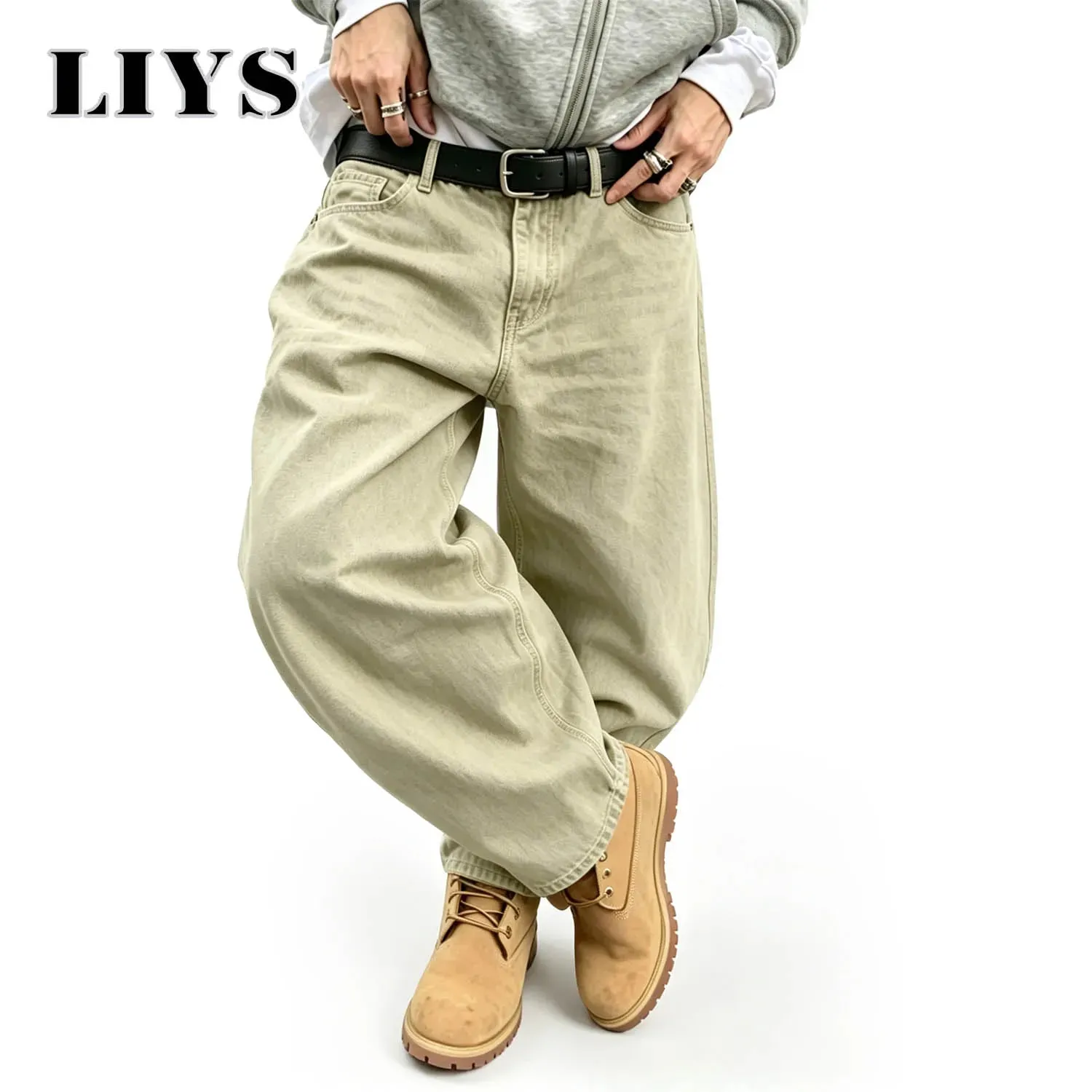 Men's American Retro Light Khaki Wide Leg Curved Jeans Loose Straight Tube Washed Work Pants High Street Fashion Versatile