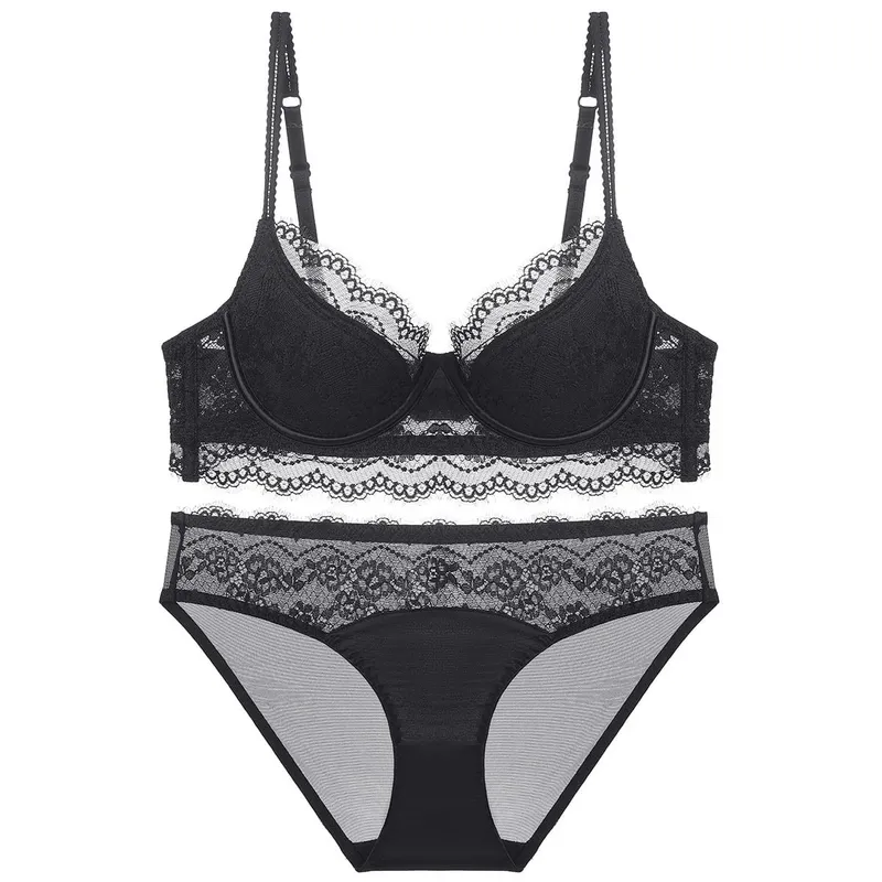French Style Women Sexy Lingerie Thin Pure Erotic Lace Girls Bra Panties Push Up Comfortable Gather Ladies Cotton Underwear Sets