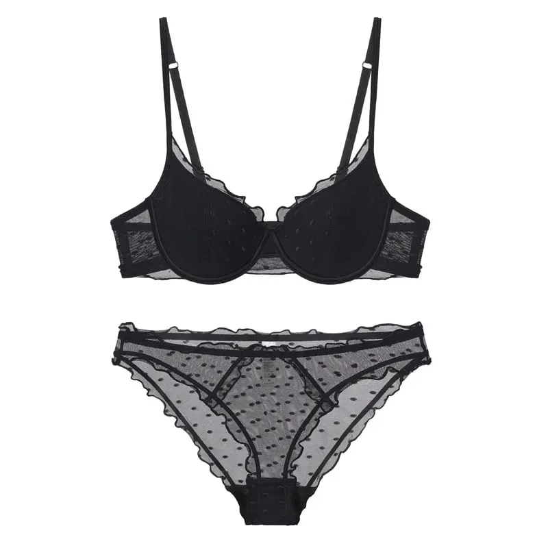 French Lace Women Underwear Sexy Hollow Thin Cup Push Up Bra Fashion Ladies Romantic Lingerie 4 Color Bras With Mesh Panties Set