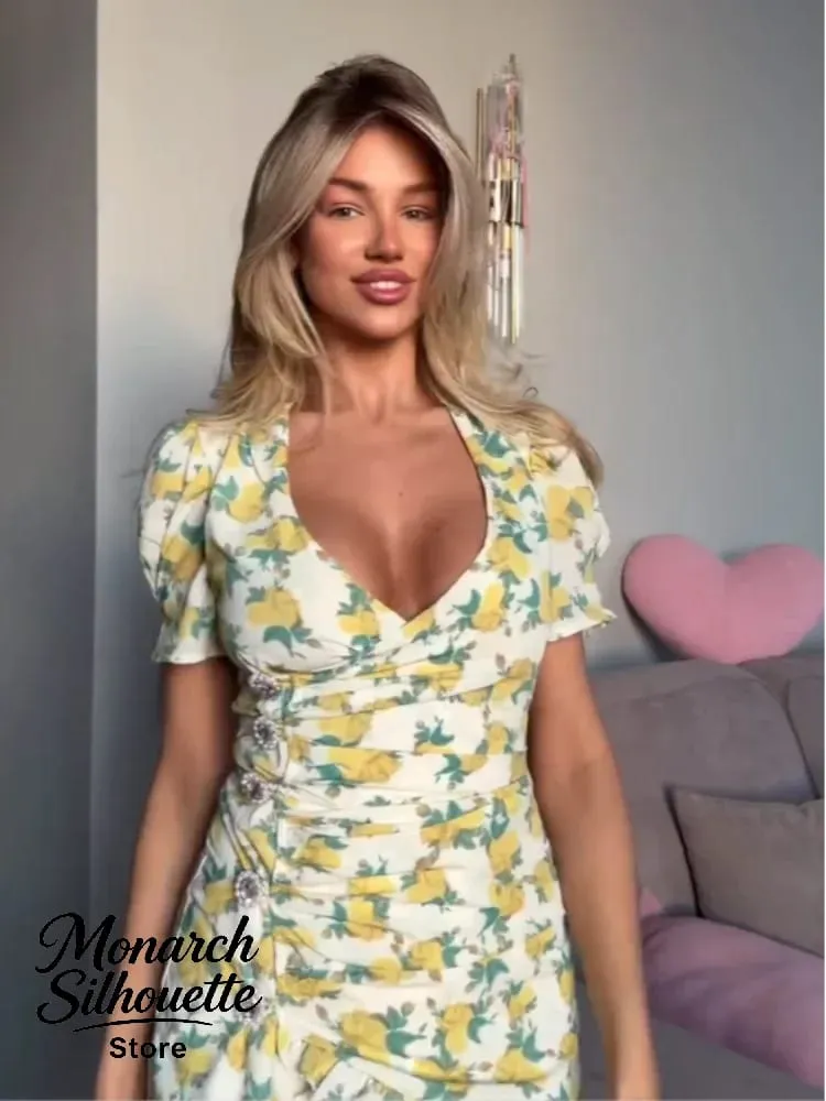 Chic Ruffle Print Slim Short Dress Women Chic Patchwork Flared sleeves V-neck Pleated Dresses 2026 Lady Summer Casual Vestidos