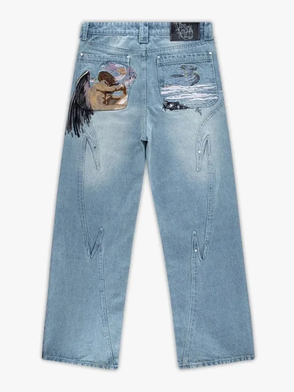 Y2K Black Baggy Cargo Jeans Men Horse Back Pocket Embroidery Cursive Wild Ride Distressed Cut Out Wide Leg Casual Denim Trouser