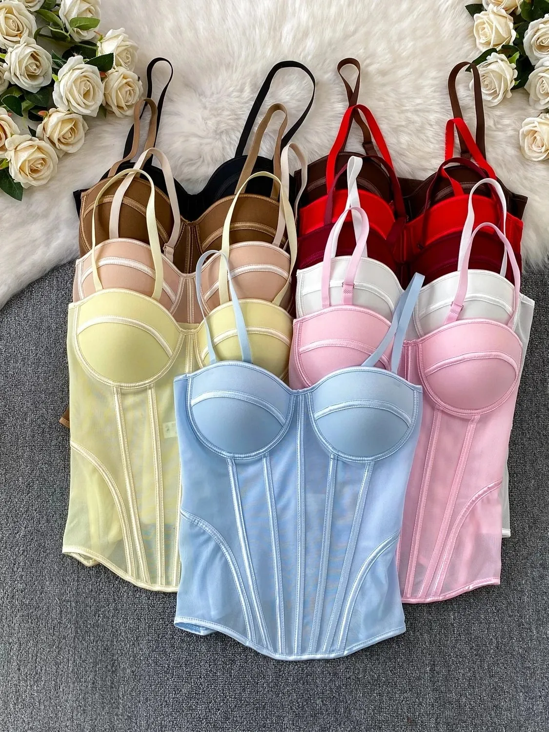2026 Luxury Mesh Corset Camisole Women Strap Solid Lingerie Top Summer High Quality Tummy Control Sheer Party Tank Top