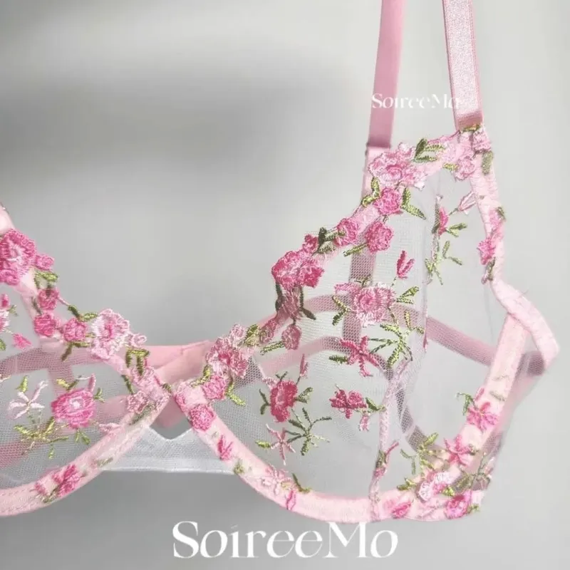 French Sheer Floral Lingerie Set Ultra Thin Sexy See Through Bralette with Soft Underwire & Women Large Bust Support S-XL MOYISU