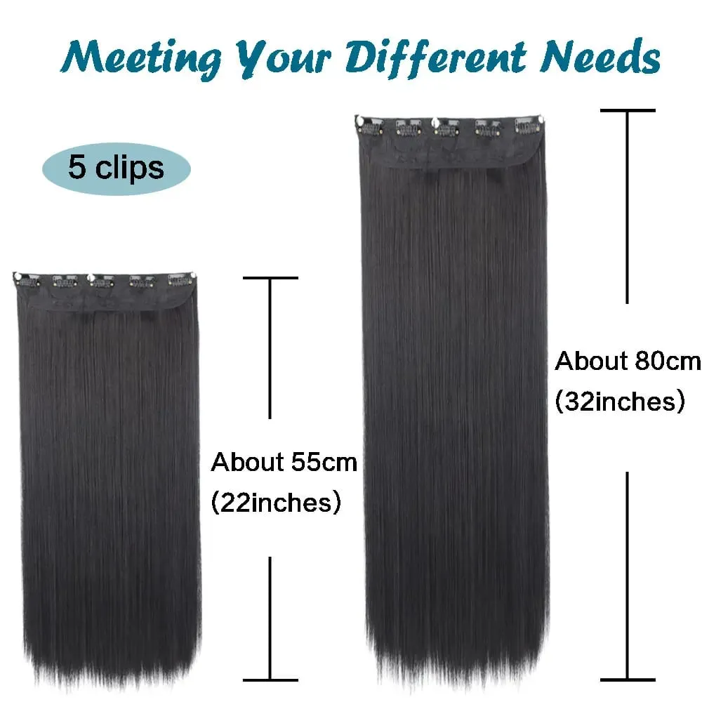 Cabelo longo e reto sintético, 5 clipes de extensão, clipes em fibra de alta temperatura, preto, marrom