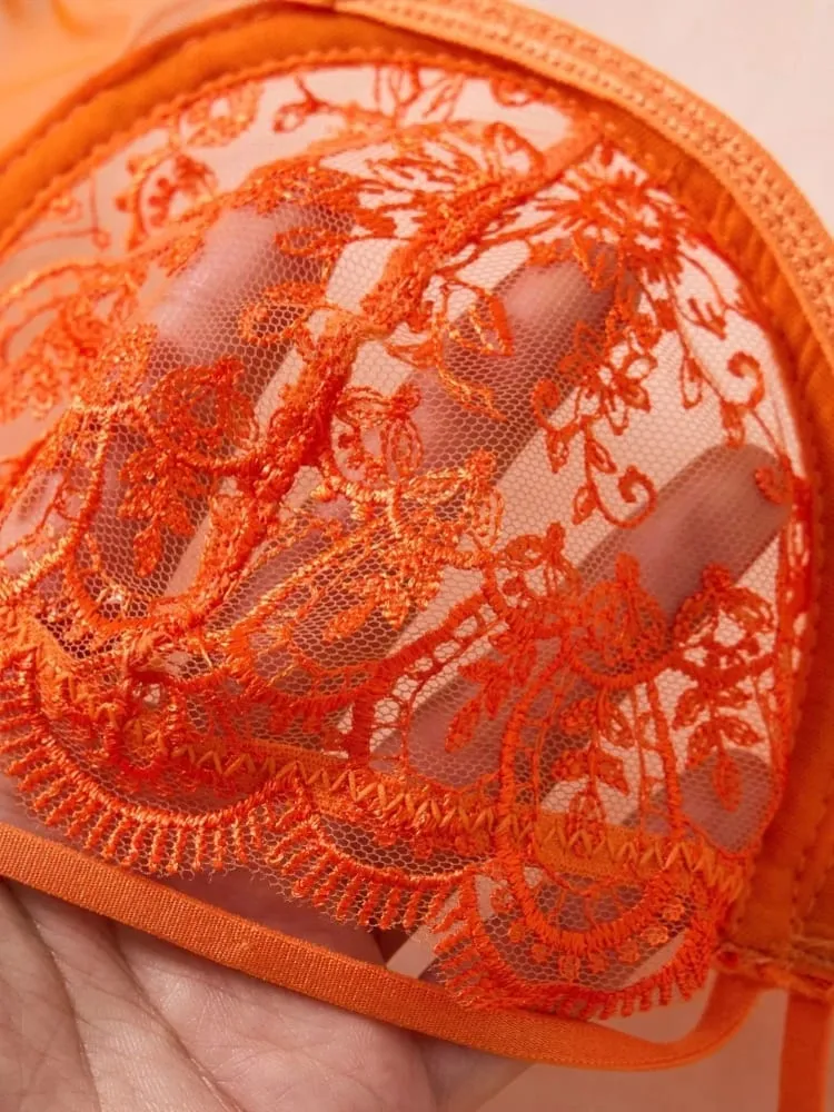 Sexy Orange Lace Lingerie Set Women Push Up Bra and Panty Set Butterfly Bow Underwear Female Intimates Sleepwear