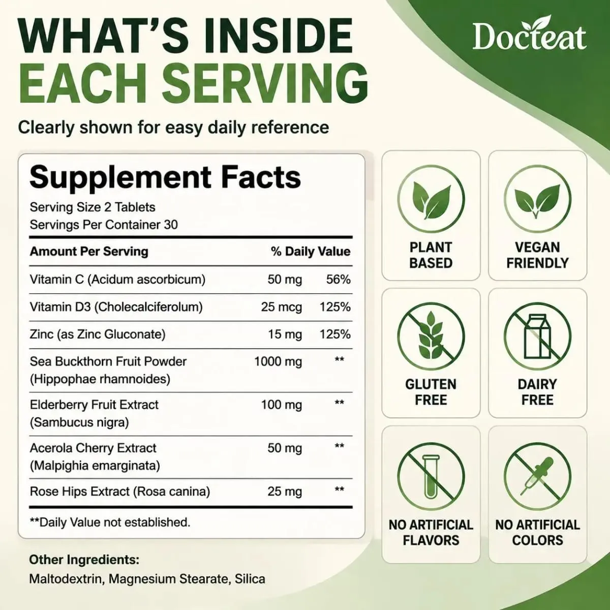 Docteat Sea Buckthorn 1000mg Tablets Daily Immune Function Support Antioxidant Nutrition Vitamin C Zinc Vitamin D3 60 Tablets