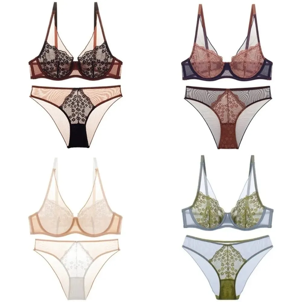 Mesh Lace Flower Bra Set Lingerie Brassiere Push Up Bra Women Thin Underwear Lace Floral Underpants Romantic Evenings