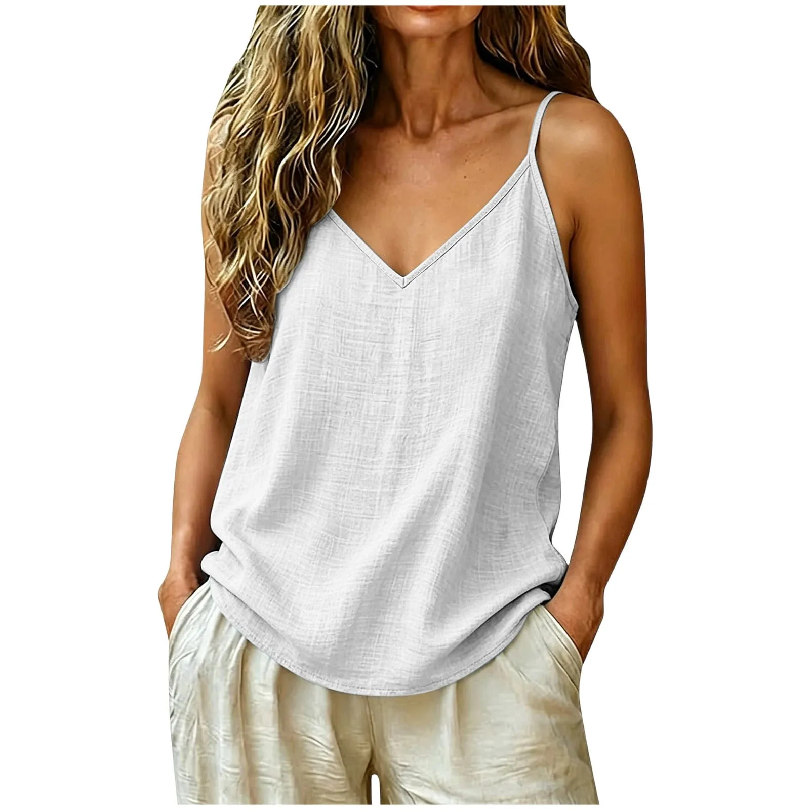 Women Cotton Linen Spaghetti Strap Tank Top V Neck Solid Color Loose Fit Lightweight Casual Sleeveless Camisole Summer Beach Top