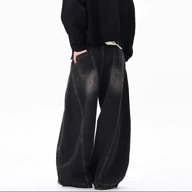 Spring New Men'S Jeans Wide Leg Pants Loose Machete Jeans Vintage Lightning Cracked Denim Trousers