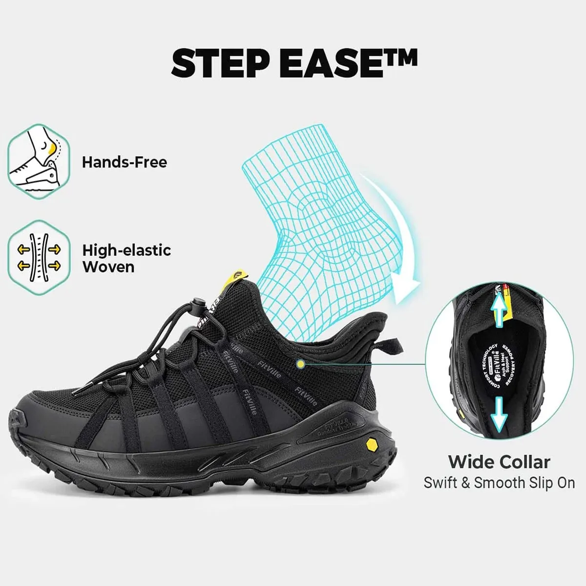 FitVille Sepatu Slip On Lebar Untuk Pria Sepatu Hiking Jalan Kaki Sepatu Loafer Trekking Luar Ruangan Penopang Lengkung Kotak Jari Kaki Lebar Tahan Slip