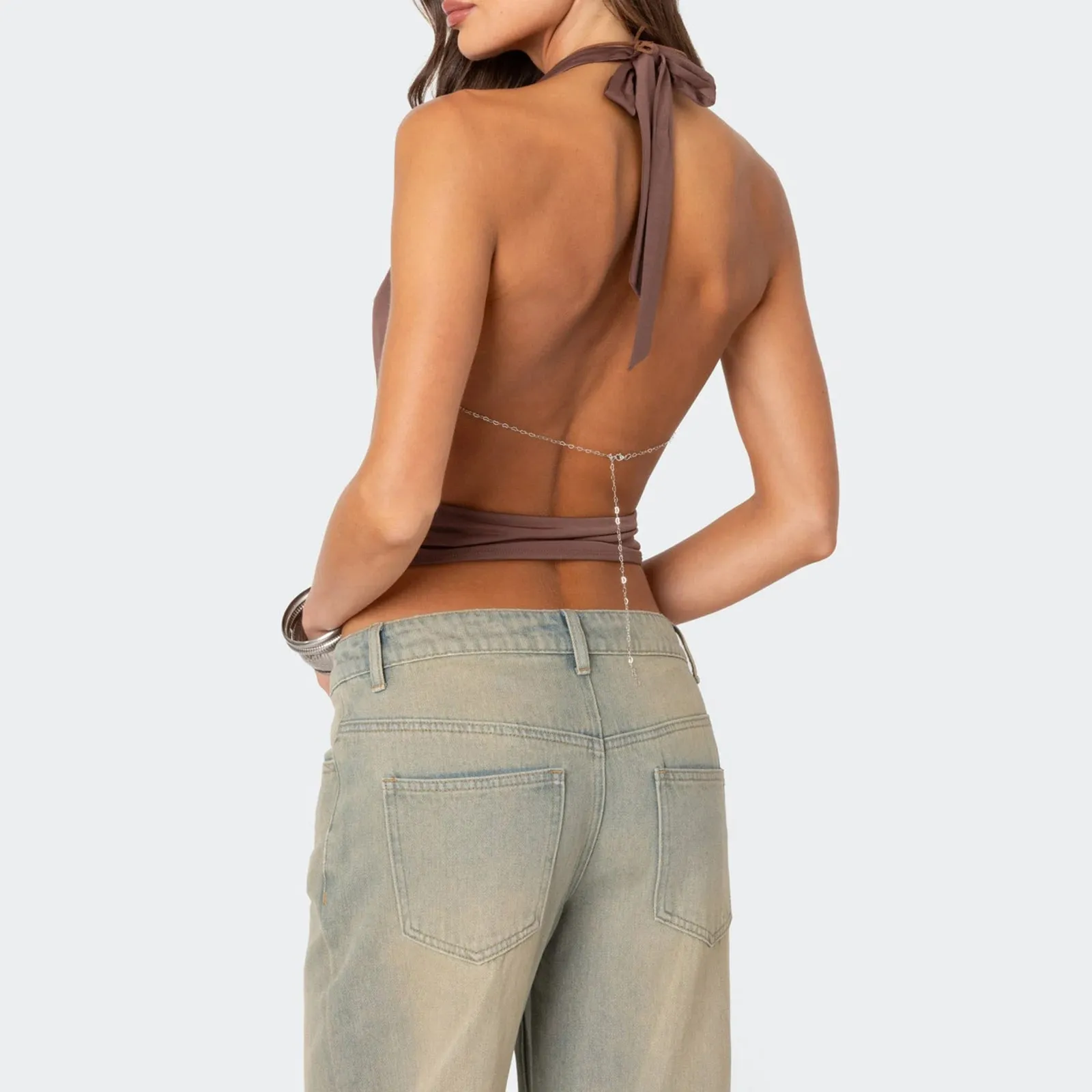 Women Sexy Y2K Clothes Halter Tank Tops Sexy Cowl Neck Sleeveless Backless Open Back Crop Top 90s Vintage Deep V Neck Cami Vests