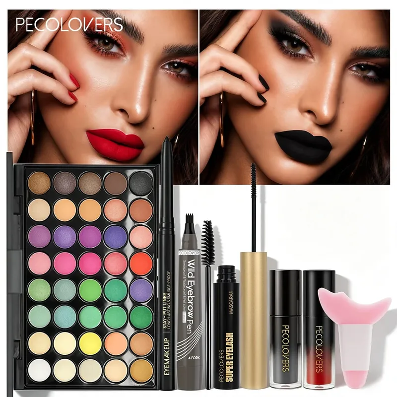 Kit de maquiagem multifuncional, 8 peças, conjunto de cosméticos de rosto inteiro com paleta de sombras multicoloridas, delineador, caneta de sobrancelha, rímel, brilho labial