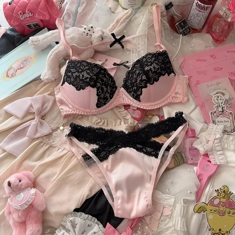 Sexy Lace Lingerie Set with Bow Spaghetti Straps & Steel Ring Uplift Bra for Women