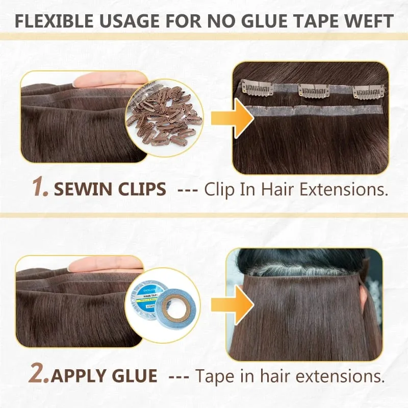 Invisible Long Flat PU Weft Bundles Human Hair Injected Seamless PU Skin Weft Hair Extension No Glue Tape On Hair Bundle 12"-22"