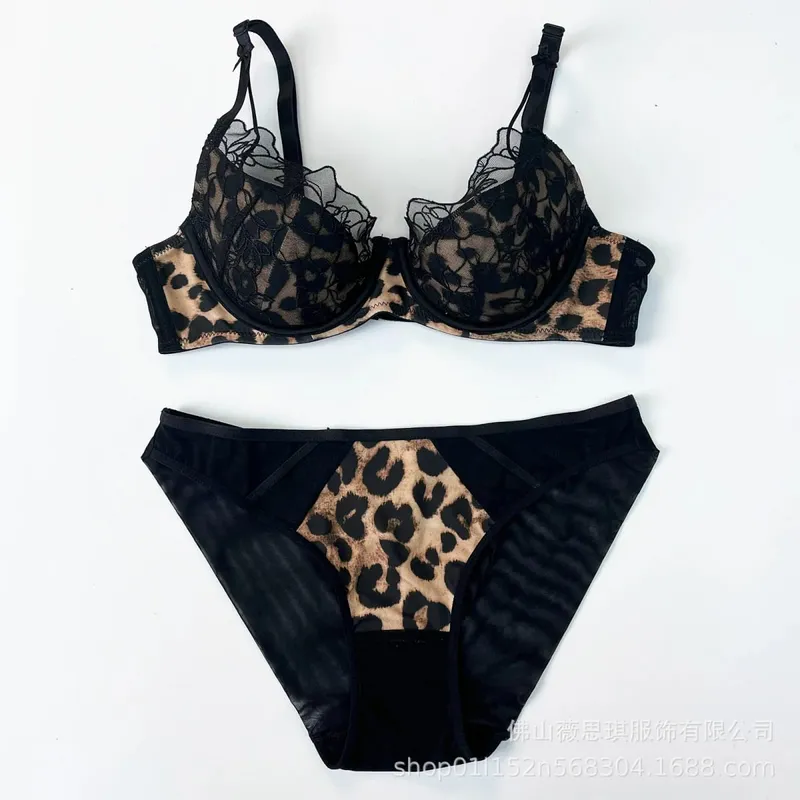 Leopard Bra Set Women Lace Sexy Lingerie Set Ladies Elegant Micro Bikini Thong Underwear Bra and Panty Set