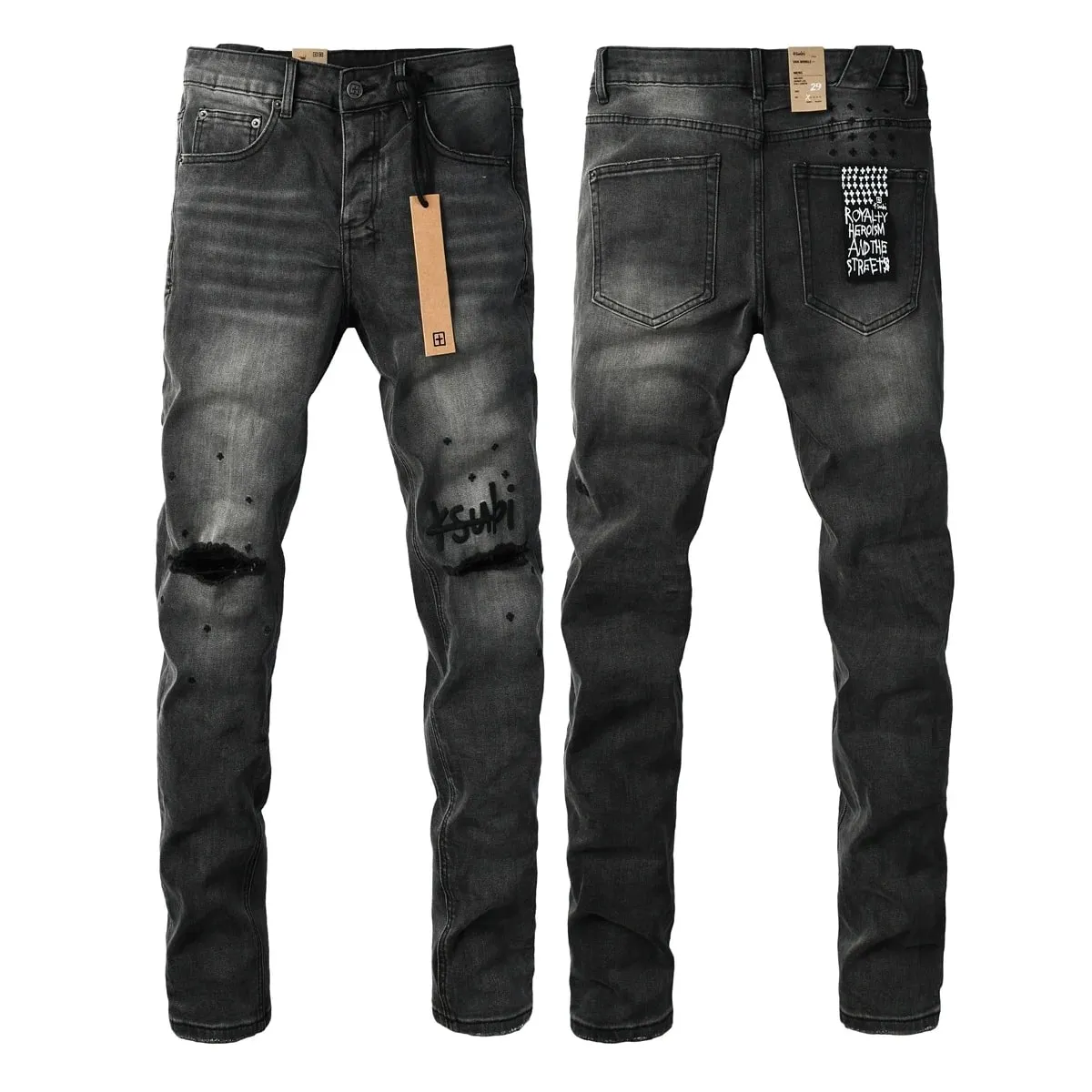 2026 New Arrival Men's Dark Grey Washed Slim Fit Skinny Jeans Ripped Stretch Denim Casual Pants Streetwear Trousers