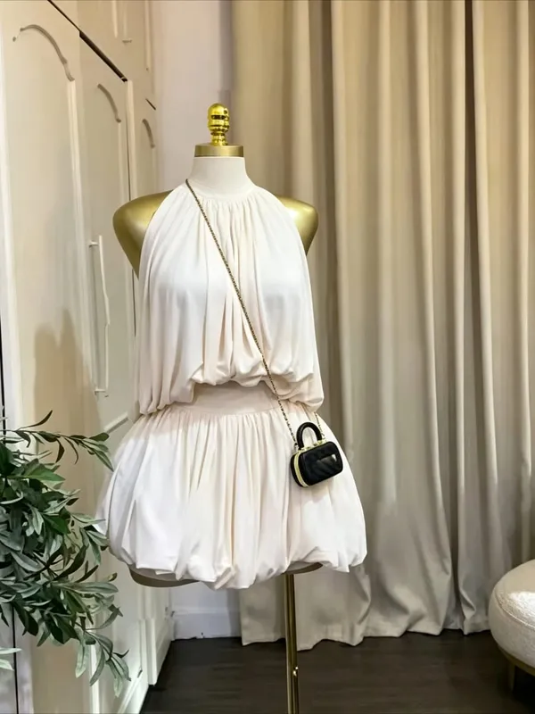 CM.YAYA Women Dress Sleeveless Halter Ruched Ball Gown Mini Dress with Shorts 2026 Beach Party Elegant Holiday Birthday Outfits