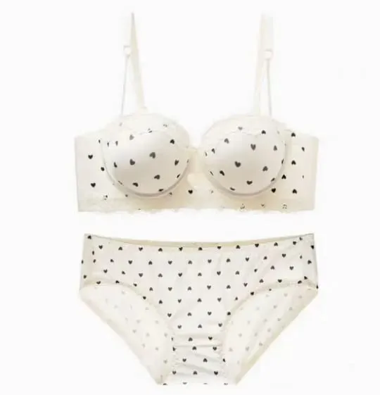 Sweet Girl Heart Lace Lingerie Set Push Up Bra For Small Bust Side Support Anti Sag Underwire Bra Briefs Soft Daily Wear 32-38AB