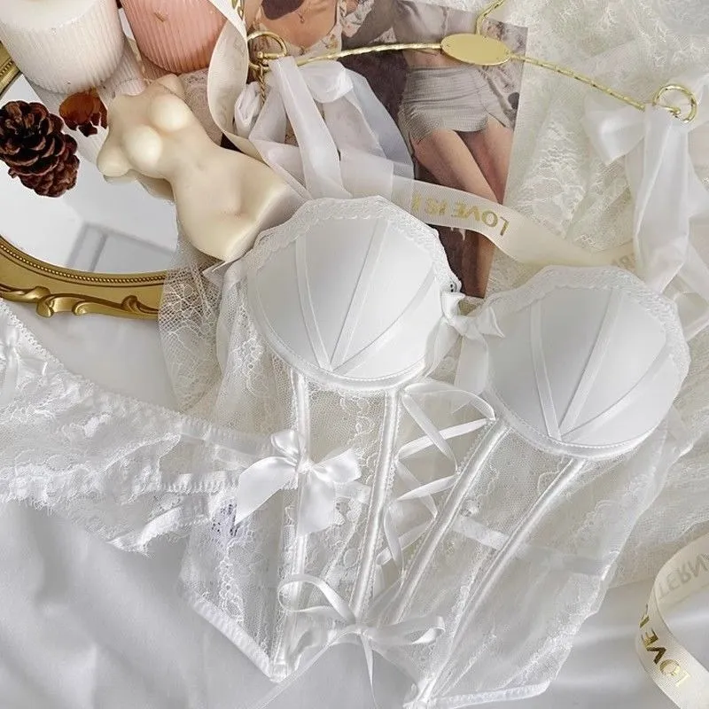 Japan Sexy Lingerie Set Lolita Kawaii Pink White Laced Up Adult Cosplay Women Bra Underwear Set Girl Sleepwear Clothing