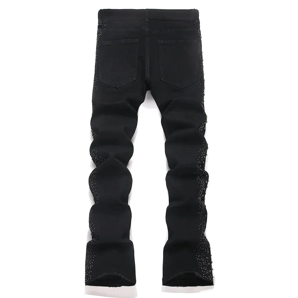 Men's Flared Denim Jeans Punk Crystal Rivet Stretch Black Cotton Spandex Pants Slim Boot Cut Trousers