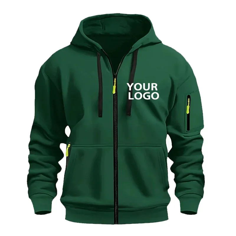 DIY Custom Logo Men's Casual Sports Hoodie Full-Zip Pocket Sweatshirt Fashion Arm Pocket Outdoor Long-Sleeve Pullover Hoodie
