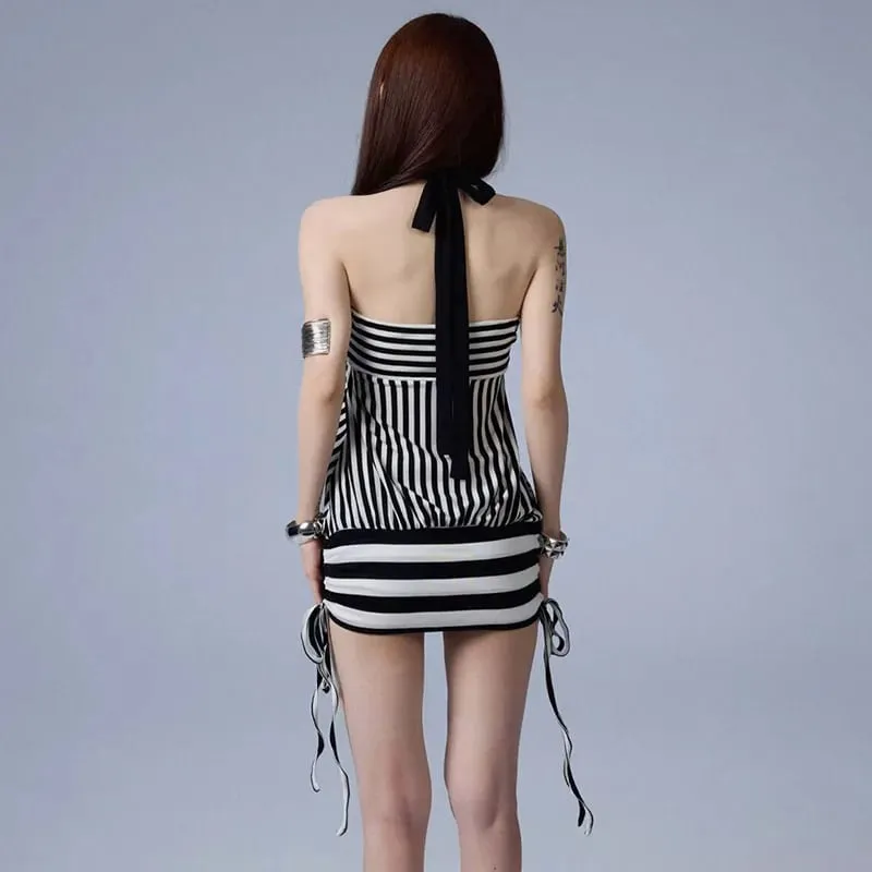 Women Summer Sexy Strapless Striped Bandage Waist Mini Dress Slim Bodycon Short Party Dresses