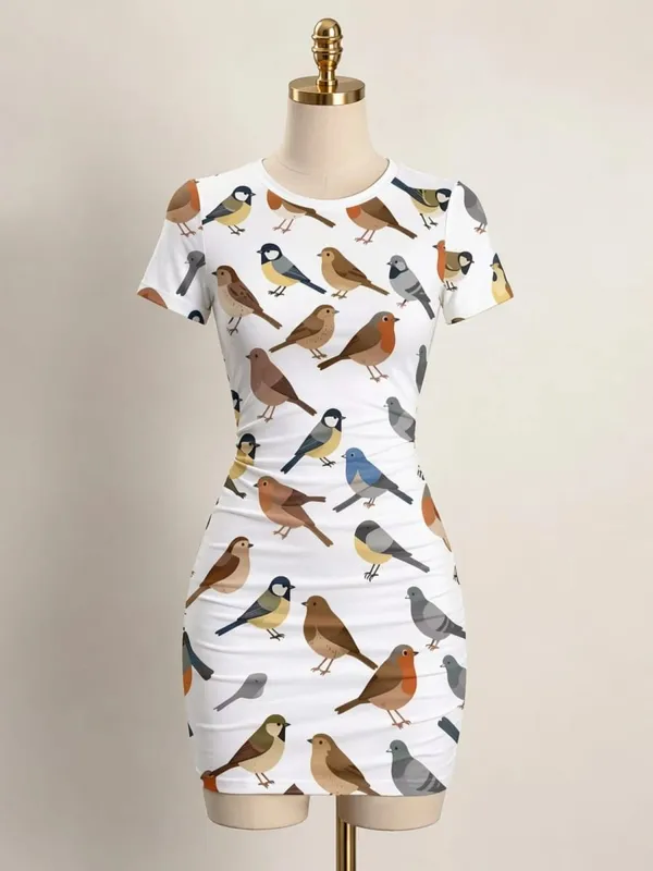 Womens Short Sleeve Bodycon Mini Dress Slim Fit Crew Neck Floral Print Casual Summer Party Cute Smooth Holiday Vacation Sundress