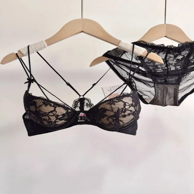 Ladies Front Fastening Lace Lingerie Set Wirefree Push Up Bra Thinly Lined Delicate Straps Comfort Sexy Everyday Underwear Set