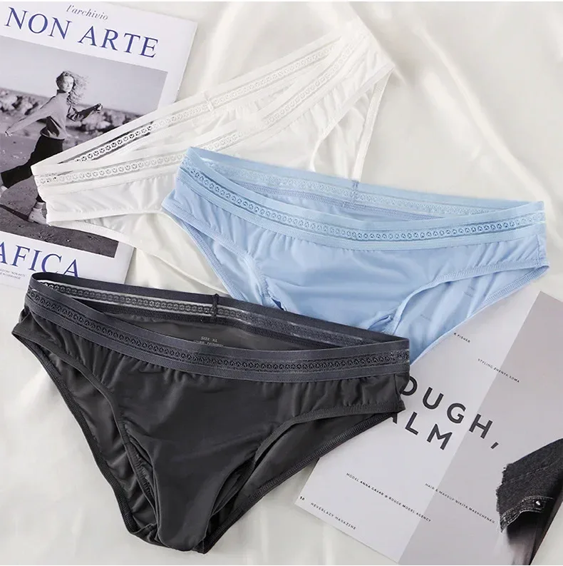 New Men's Ice Silk Briefs Ultra-thin Quick Dry High Elastic Lace Waistband Panties Sexy Seamless Breathable Bikini Underwear