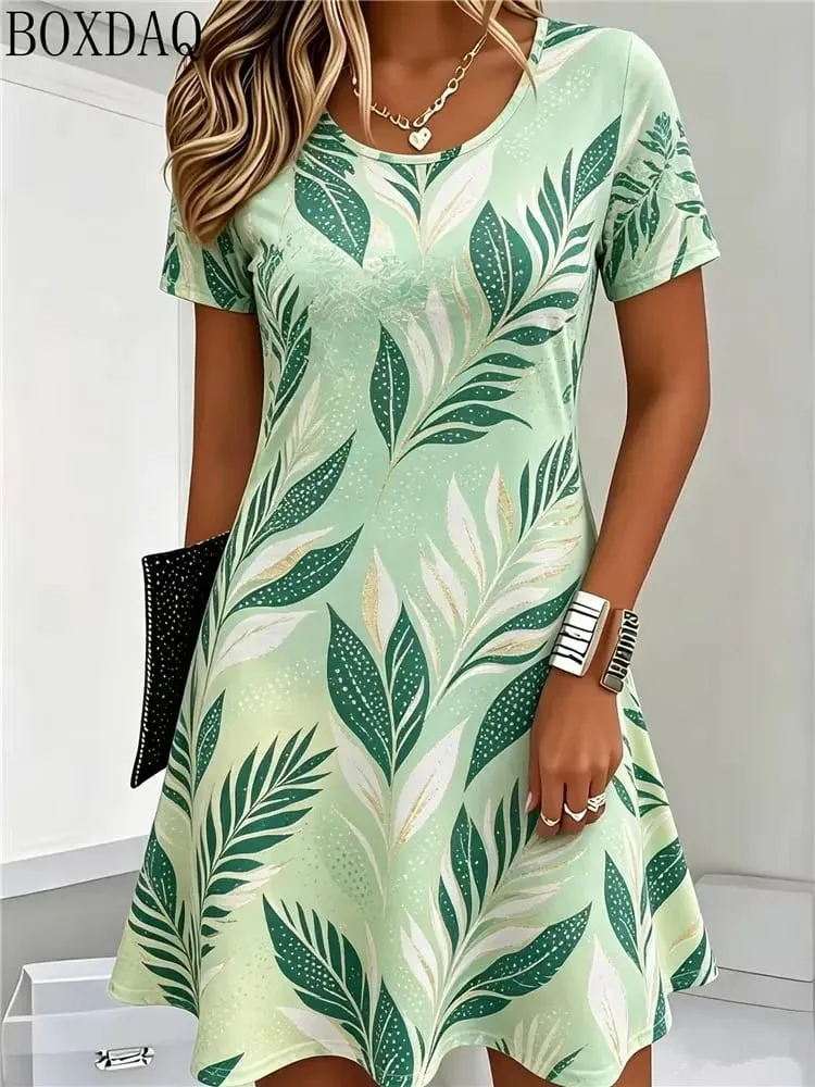 Casual Summer Women's Dresses Loose Short Sleeve Round Neck Leaf Pattern Printed Dress