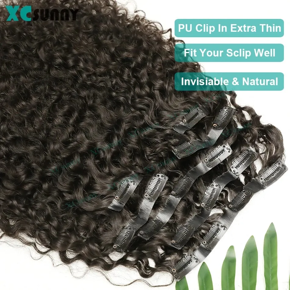 Curly Clip In Hair Extensions PU Weft Real Human Hair Clip Ins Full Head for Black Women Seamless Blends Well With Natural Hair