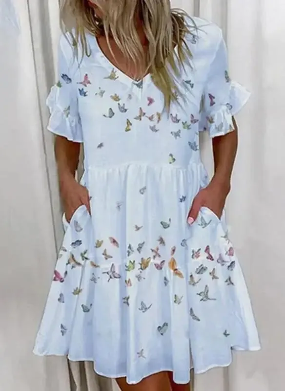 Frauen Sommer Kleid Casual V-ausschnitt Kurzarm Schmetterling Sleeve Floral Blatt Brief Drucken Mini Kleider Vestidos YSX9032