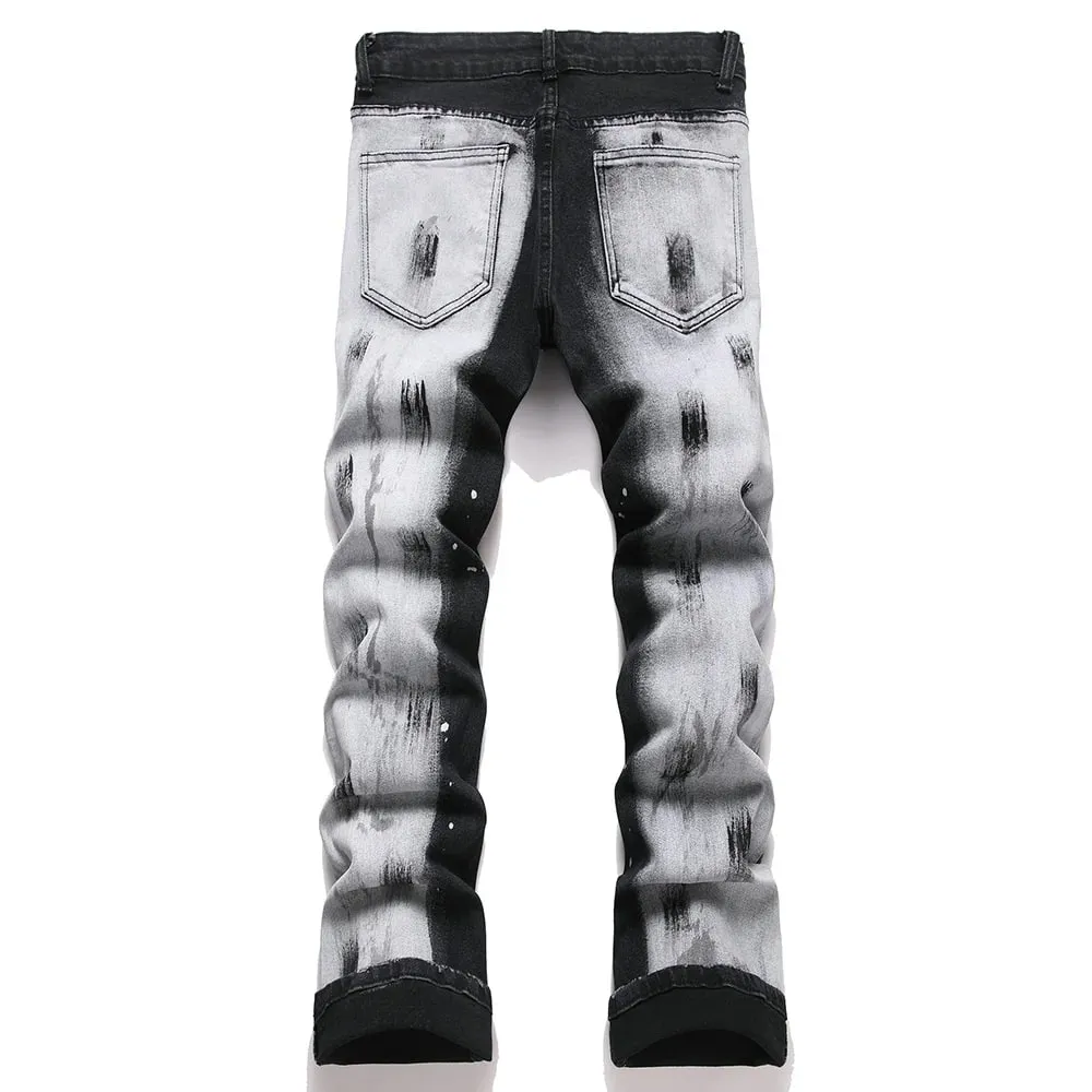 Men's Boot Cut Denim Jeans Painted Button Fly Slim Flared Pants Casual Streetwear Stretch Spandex Cotton Trousers