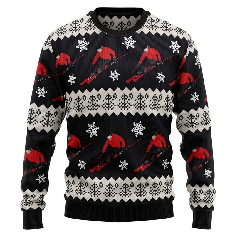Fashion Skiing Santa Graphic Ugly Christmas Sweater For Men Trendy Streetwear 3D Printed Xmas Sweatshirts Loose Holiday Pullover