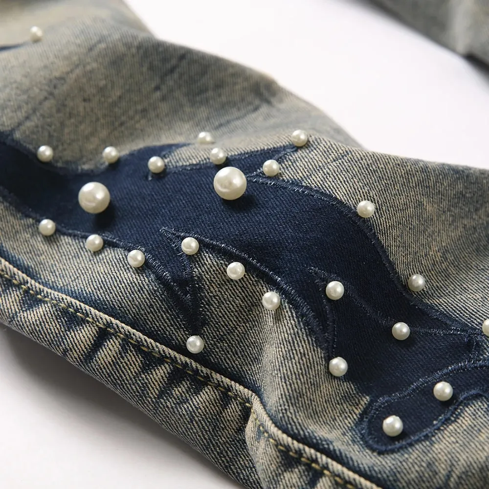 Men's Pearl Boot Cut Denim Jeans Embroidery Patch Slim Flared Pants Casual Streetwear Vintage Blue Trousers