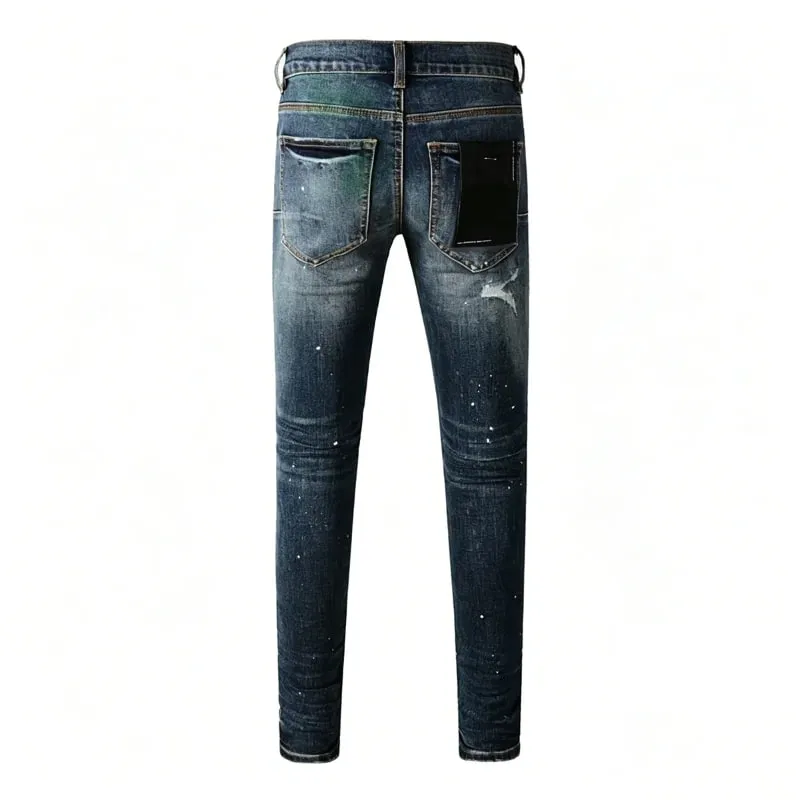 Men's Slim Taper Vintage Distressed Ripped Jeans Blue Gradient Green Red Paint Splatter Button Fly High Street Fashion Denim Pan