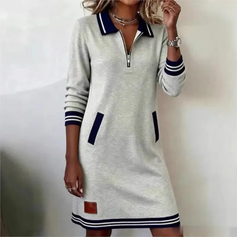 Autumn Winter Fashionable Versatile Women's Dress Casual Contrasting Color Splicing Lapel Long-sleeved Loose Dress With Pockets