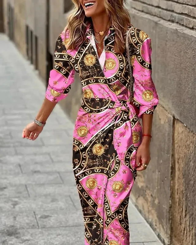 Women Floral Print Lapel Wrap Maxi Dress Three Quarter Sleeve Waist Tie Ruched Split Hem Shirt Dress