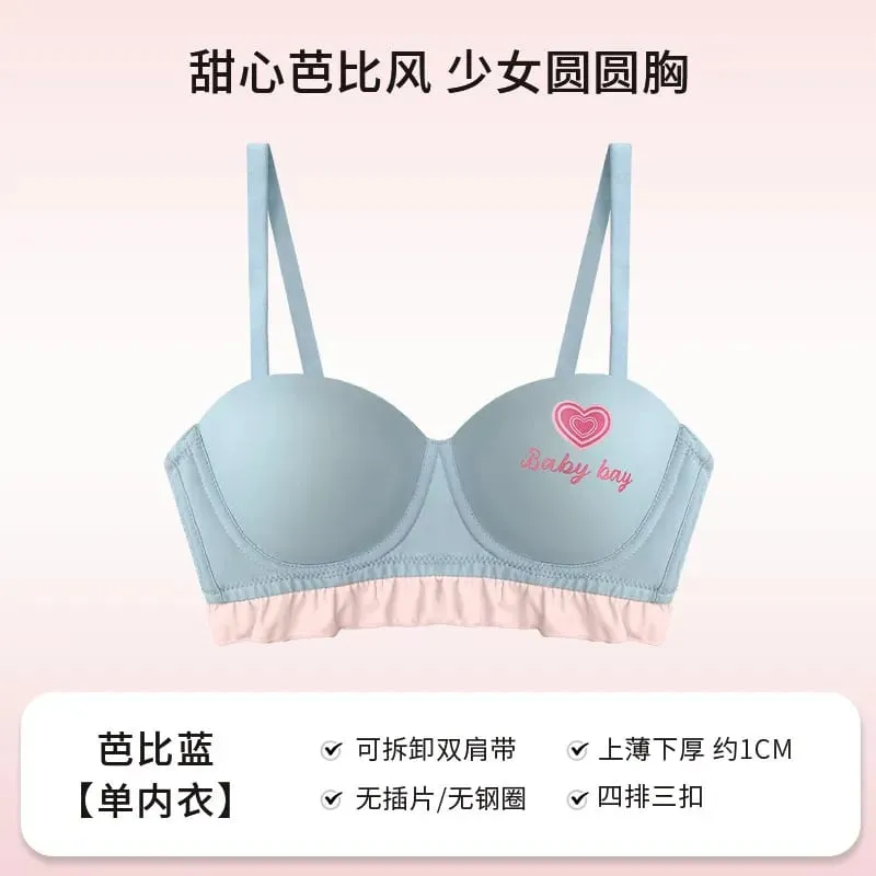 Sutiã sem fio sem costura, coração azul, redondo, meia xícara, lingerie para peito pequeno, push up, sem arame, sexy, íntimo