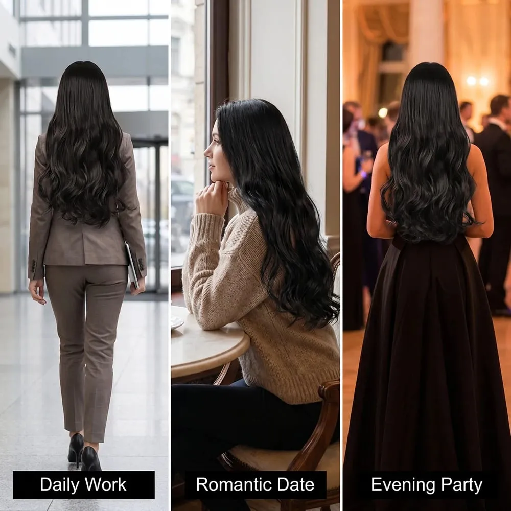 32' Invisible Wire Hair Extensions Curly Black No Clip One Piece Synthetic Hair Piece for Women Natural Long Heat Resistant