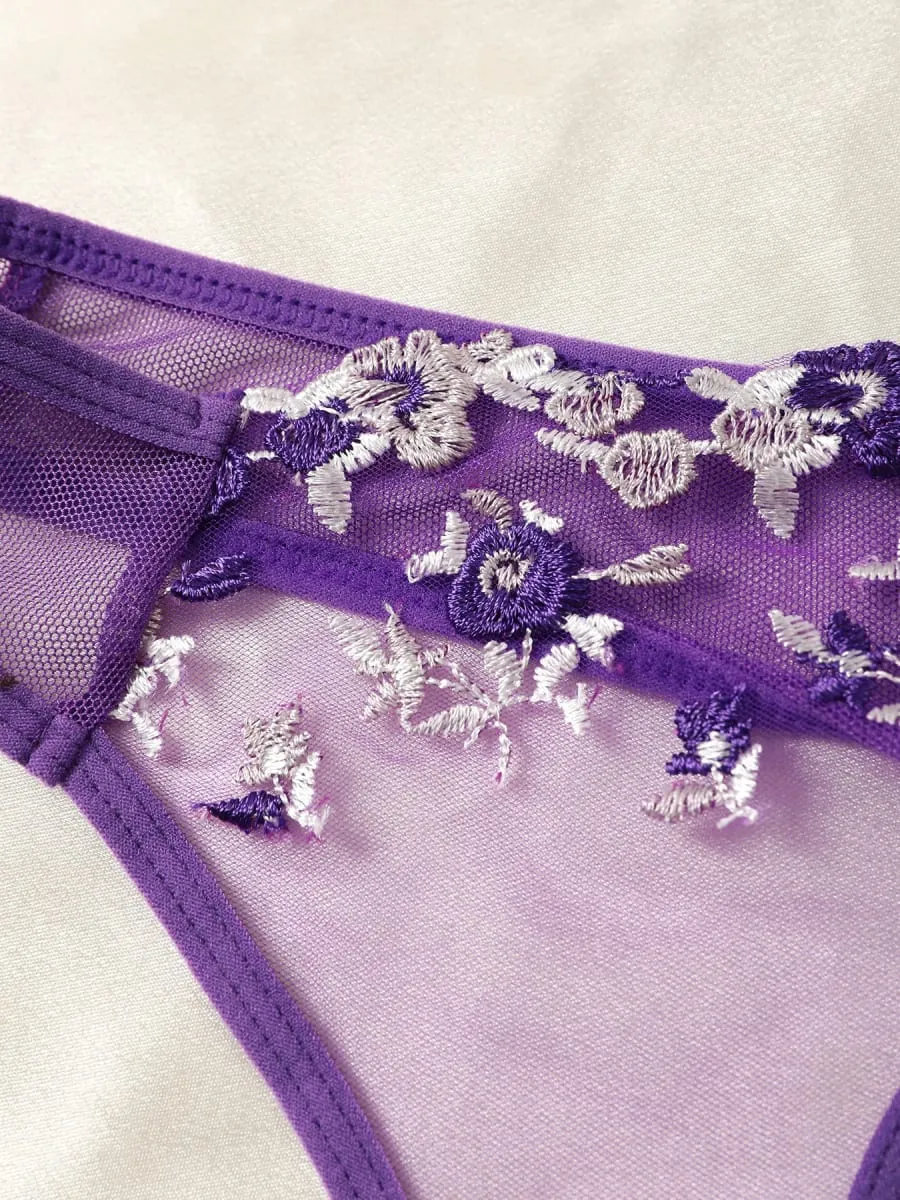 Purple Fancy Lingerie Set Female Underwear Embroidery Flower Bra And Panty Sets Women Outfits
