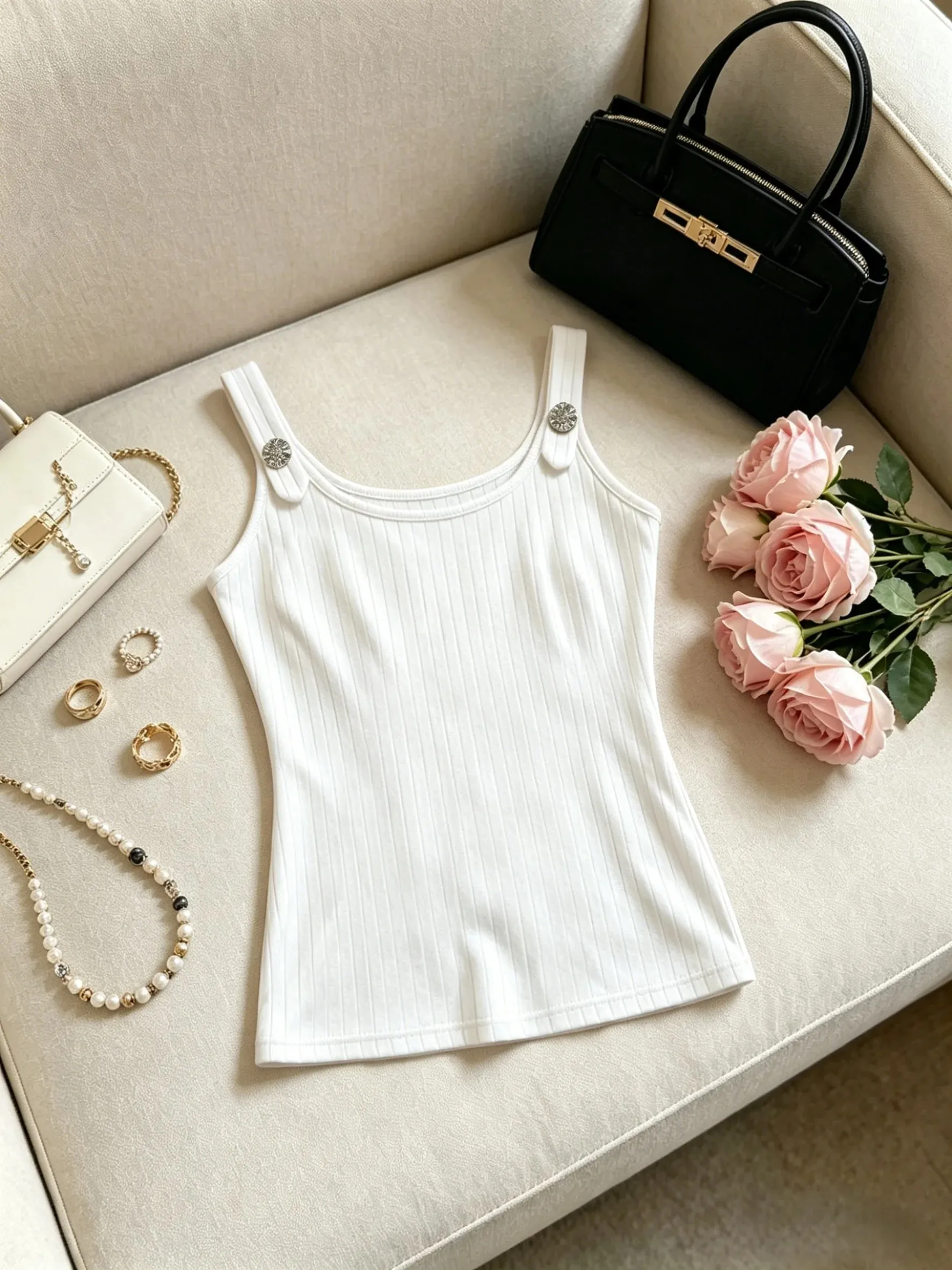 Women Pink Ribbed Tank Top Casual Metal Button Detail U Neck Form Fitting Sleeveless Cami Top