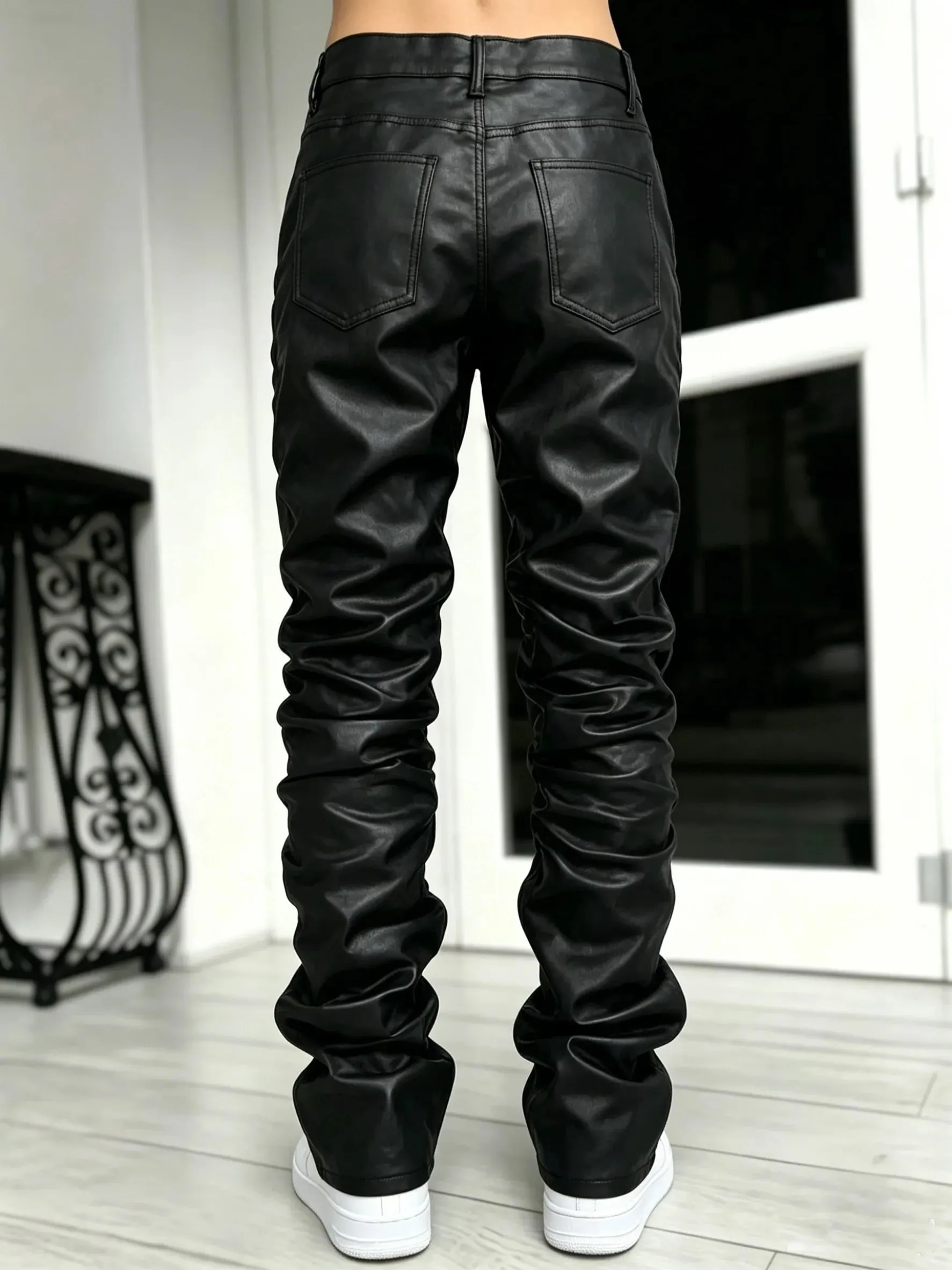 【HME】Men's Jeans | Black Wax Coated Denim Pants Faux‑Leather Look Stacked Ruched Denim Jeans For Men Full‑Length Wrinkle Pleat Design Tough Coated Denim Fabric Street‑Fashion Stacked Fit Male Trousers