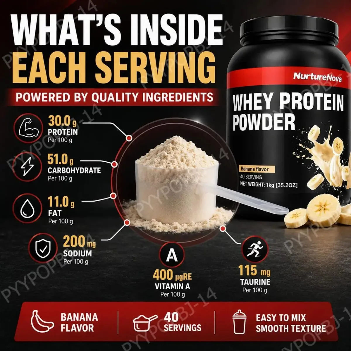 NurtureNova Whey Protein Powder with Taurine and Vitamins A D E C Zinc Banana Flavor 30 G Protein Per Serving 40 Servings