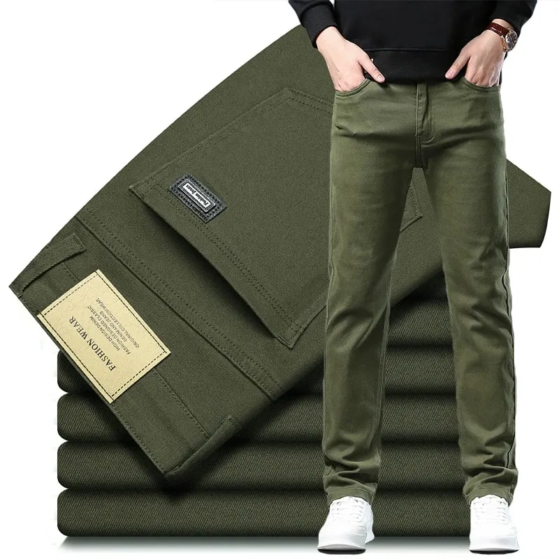 ArmyGreen Elastic Cotton Jeans Men's Spring Fashion Slim Straight Denim Pants Comfort Large Size Korean Business Casual Trousers — image 2