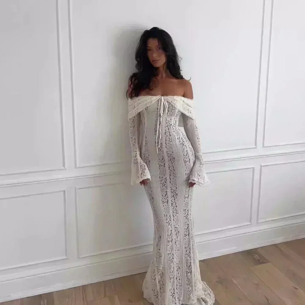 Suninheart White Evening Dresses for Events Red Long Sleeve Lace Elegant Party Dresses 2025 Women Luxury Wedding Prom Dress Gown